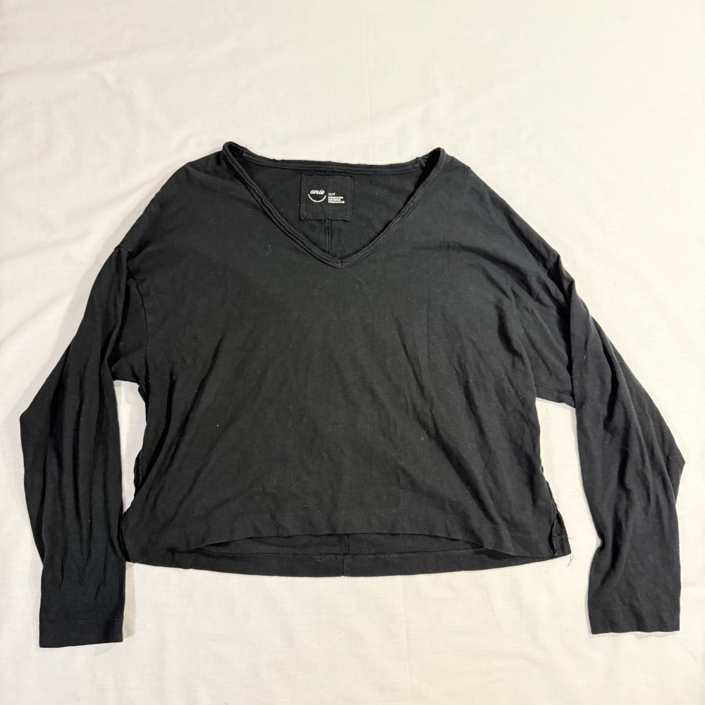 Aerie Black Solid V-Neck Long Sleeve Pullover T-Shirt Top Women Sz XS